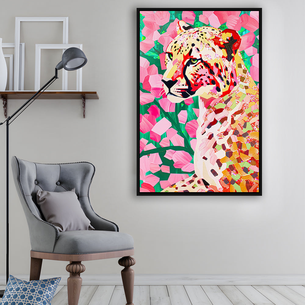 Pink Cheetah Leopard Art Print Preppy Decor Dorm Room Maximalist Trendy, Framed Canvas Print Wall Art, Floating Frame