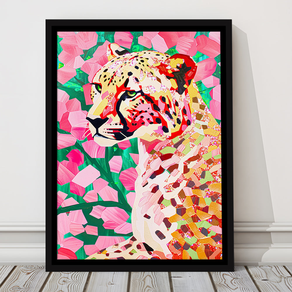Pink Cheetah Leopard Art Print Preppy Decor Dorm Room Maximalist Trendy, Framed Canvas Print Wall Art, Floating Frame