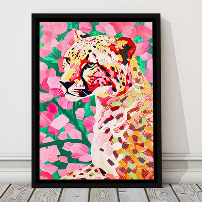 Pink Cheetah Leopard Art Print Preppy Decor Dorm Room Maximalist Trendy, Framed Canvas Print Wall Art, Floating Frame