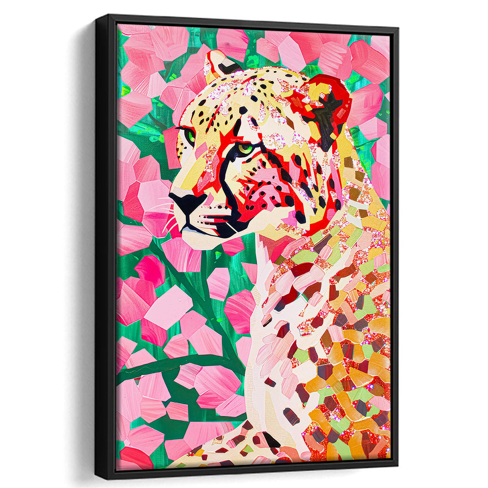 Pink Cheetah Leopard Art Print Preppy Decor Dorm Room Maximalist Trendy, Framed Canvas Print Wall Art, Floating Frame