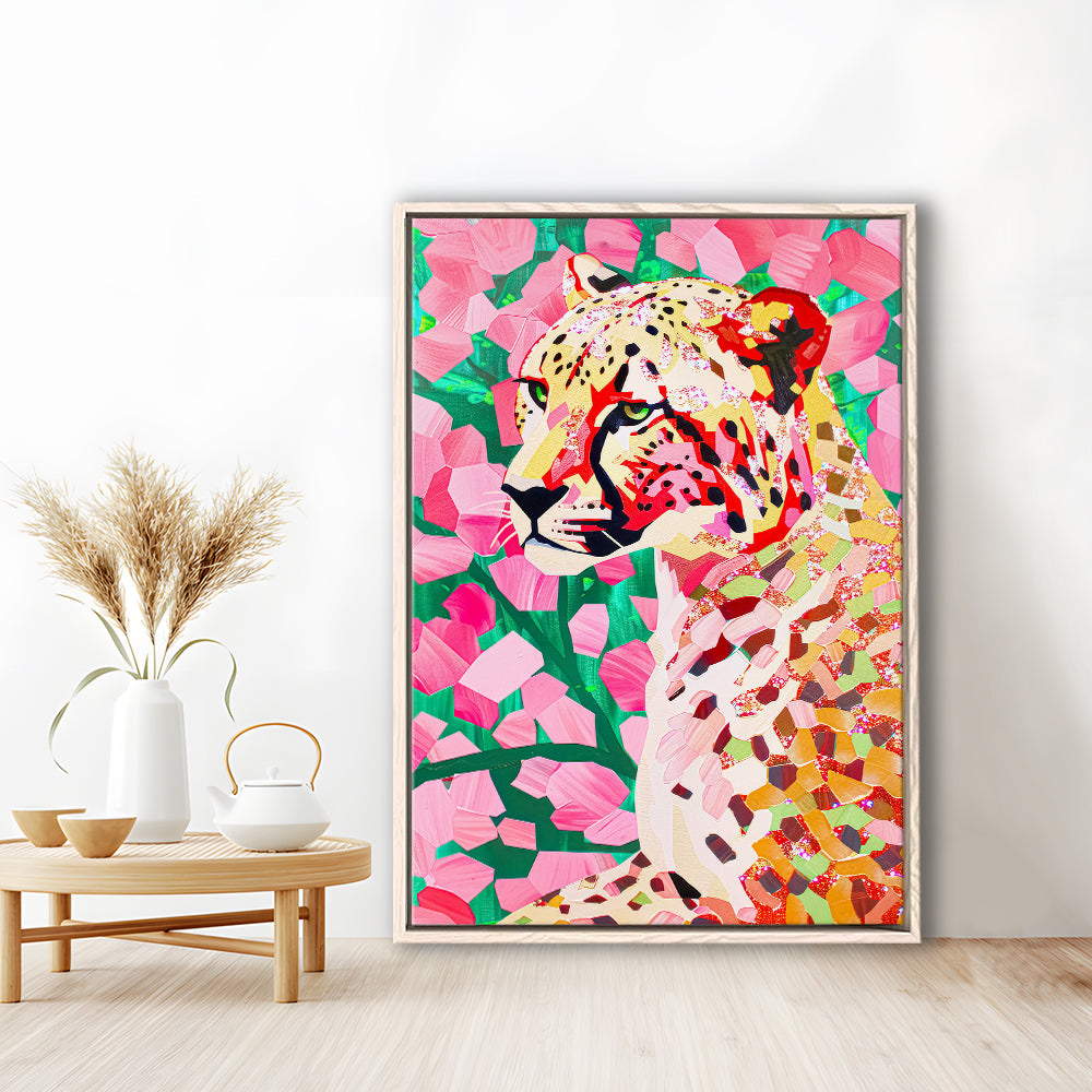 Pink Cheetah Leopard Art Print Preppy Decor Dorm Room Maximalist Trendy, Framed Canvas Print Wall Art, Floating Frame
