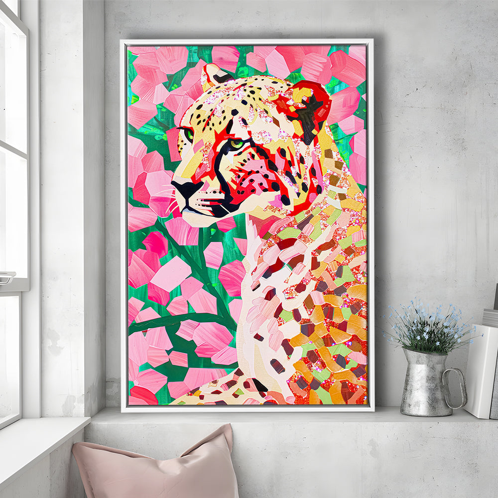 Pink Cheetah Leopard Art Print Preppy Decor Dorm Room Maximalist Trendy, Framed Canvas Print Wall Art, Floating Frame