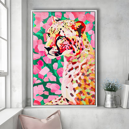 Pink Cheetah Leopard Art Print Preppy Decor Dorm Room Maximalist Trendy, Framed Canvas Print Wall Art, Floating Frame