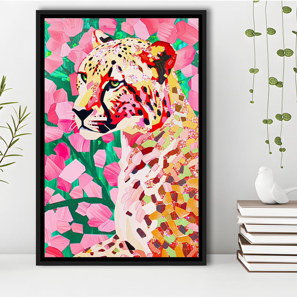Pink Cheetah Leopard Art Print Preppy Decor Dorm Room Maximalist Trendy, Framed Canvas Print Wall Art, Floating Frame