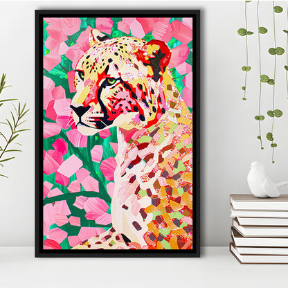 Pink Cheetah Leopard Art Print Preppy Decor Dorm Room Maximalist Trendy, Framed Canvas Print Wall Art, Floating Frame
