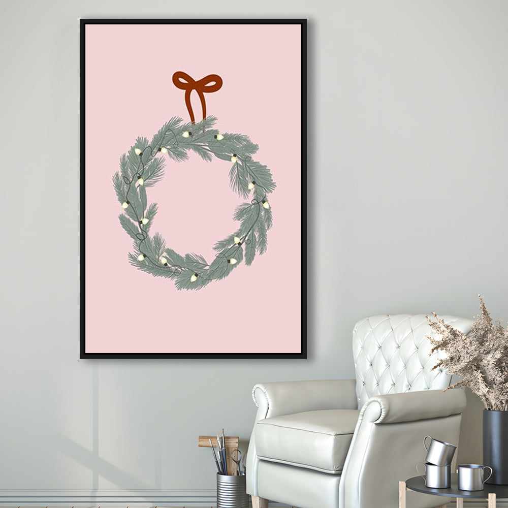 Pink Christmas Print Wreath Art Holiday Holiday Wall, Framed Canvas Prints Wall Art