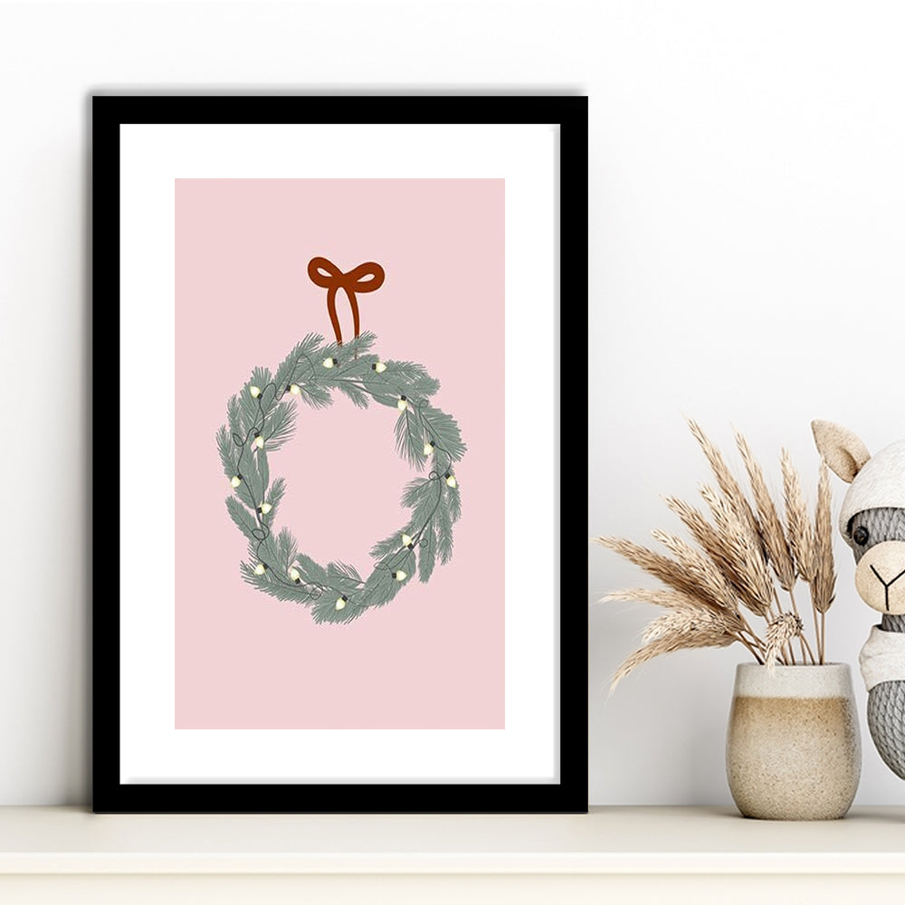 Pink Christmas Print Wreath Art Holiday Holiday Wall, Framed Art Prints White Border Wall Decor