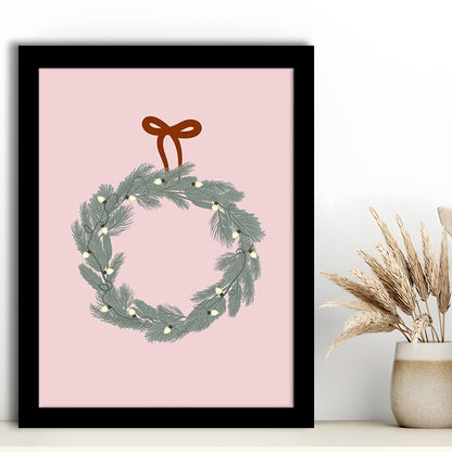 Pink Christmas Print Wreath Art Holiday Holiday Wall, Framed Art Prints Wall Decor