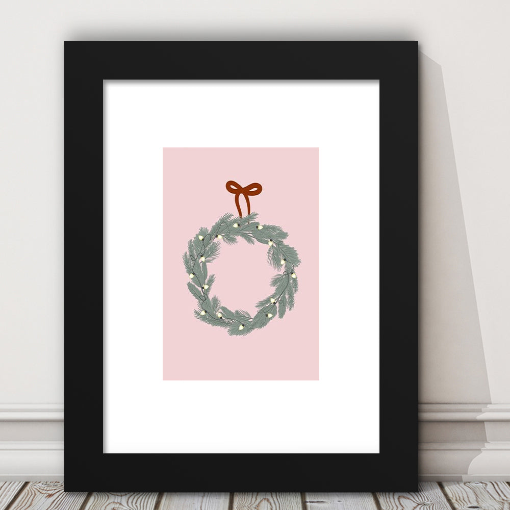 Pink Christmas Print Wreath Art Holiday Holiday Wall, Framed Art Prints White Border Wall Decor