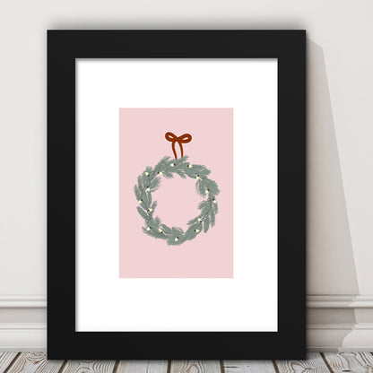 Pink Christmas Print Wreath Art Holiday Holiday Wall, Framed Art Prints White Border Wall Decor