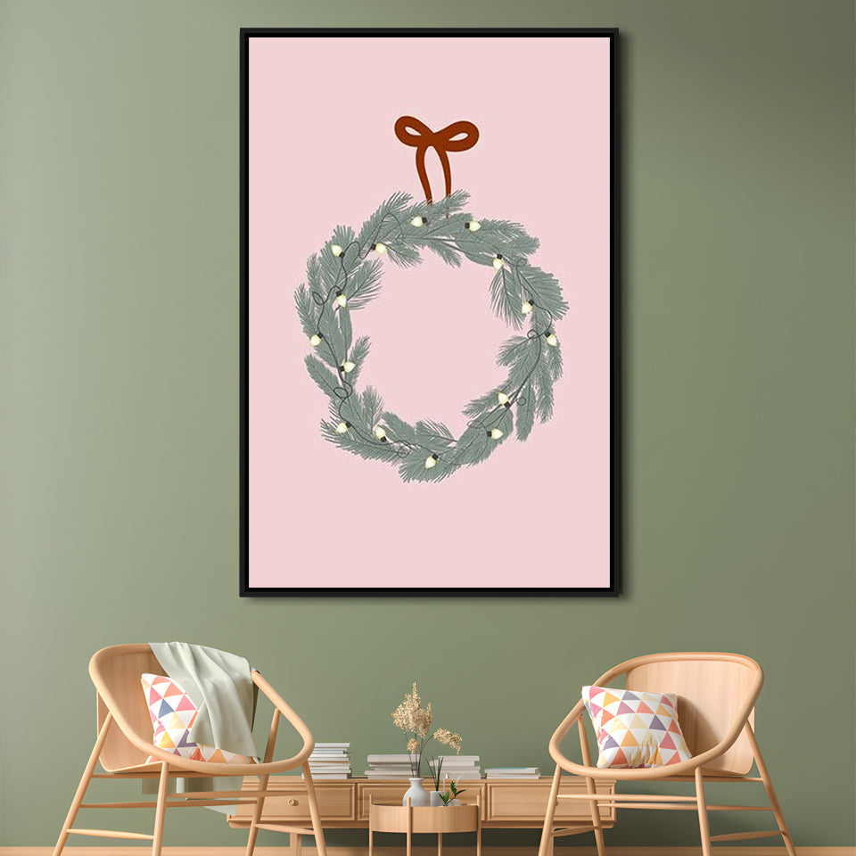 Pink Christmas Print Wreath Art Holiday Holiday Wall, Framed Canvas Prints Wall Art
