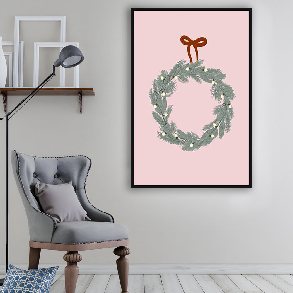 Pink Christmas Print Wreath Art Holiday Holiday Wall, Framed Canvas Prints Wall Art