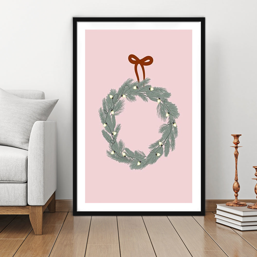 Pink Christmas Print Wreath Art Holiday Holiday Wall, Framed Art Prints White Border Wall Decor