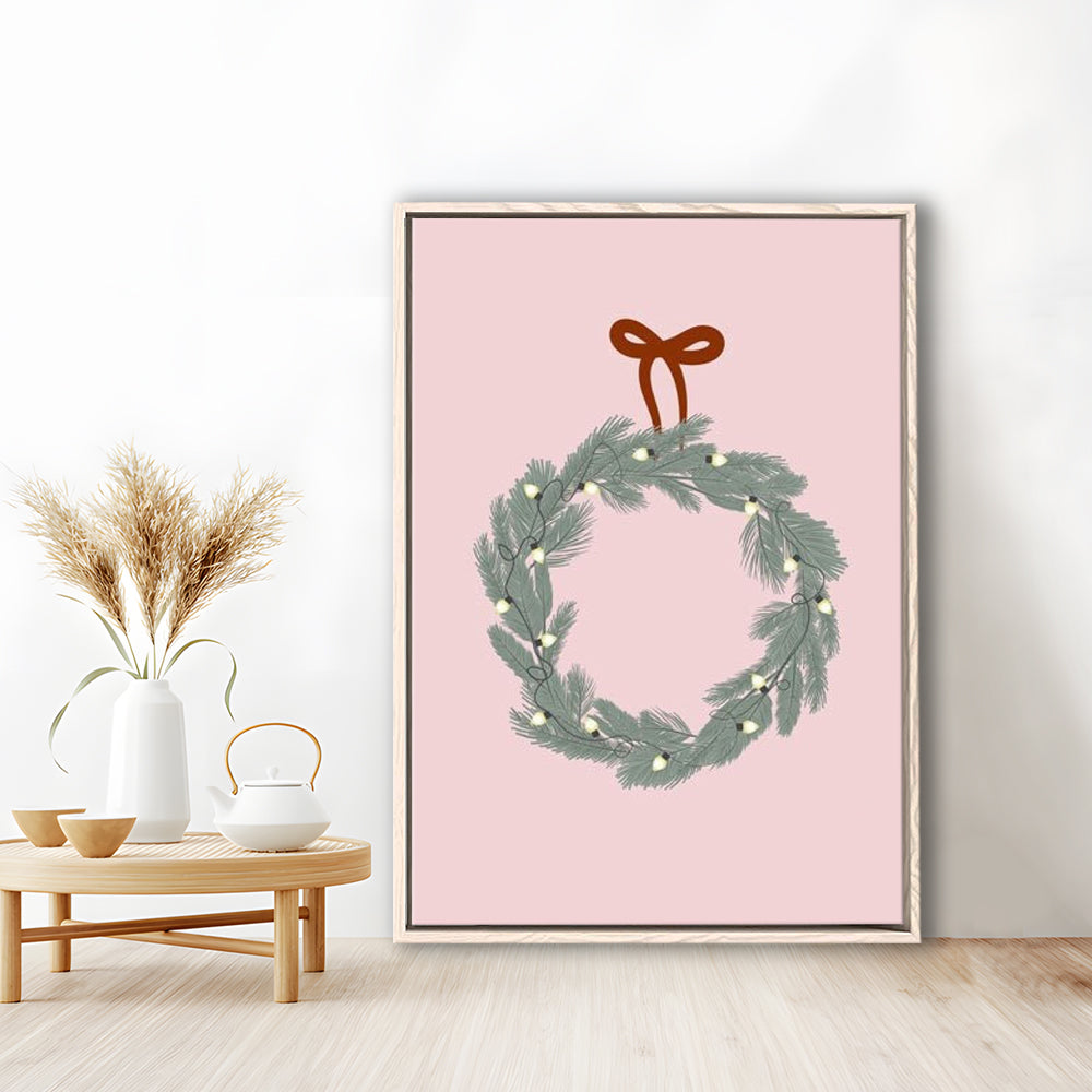 Pink Christmas Print Wreath Art Holiday Holiday Wall, Framed Canvas Prints Wall Art