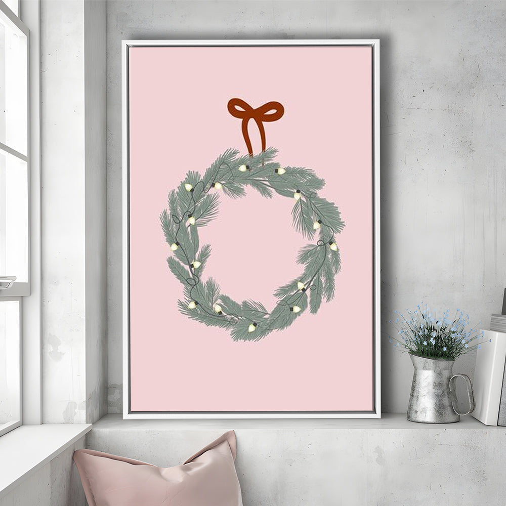 Pink Christmas Print Wreath Art Holiday Holiday Wall, Framed Canvas Prints Wall Art