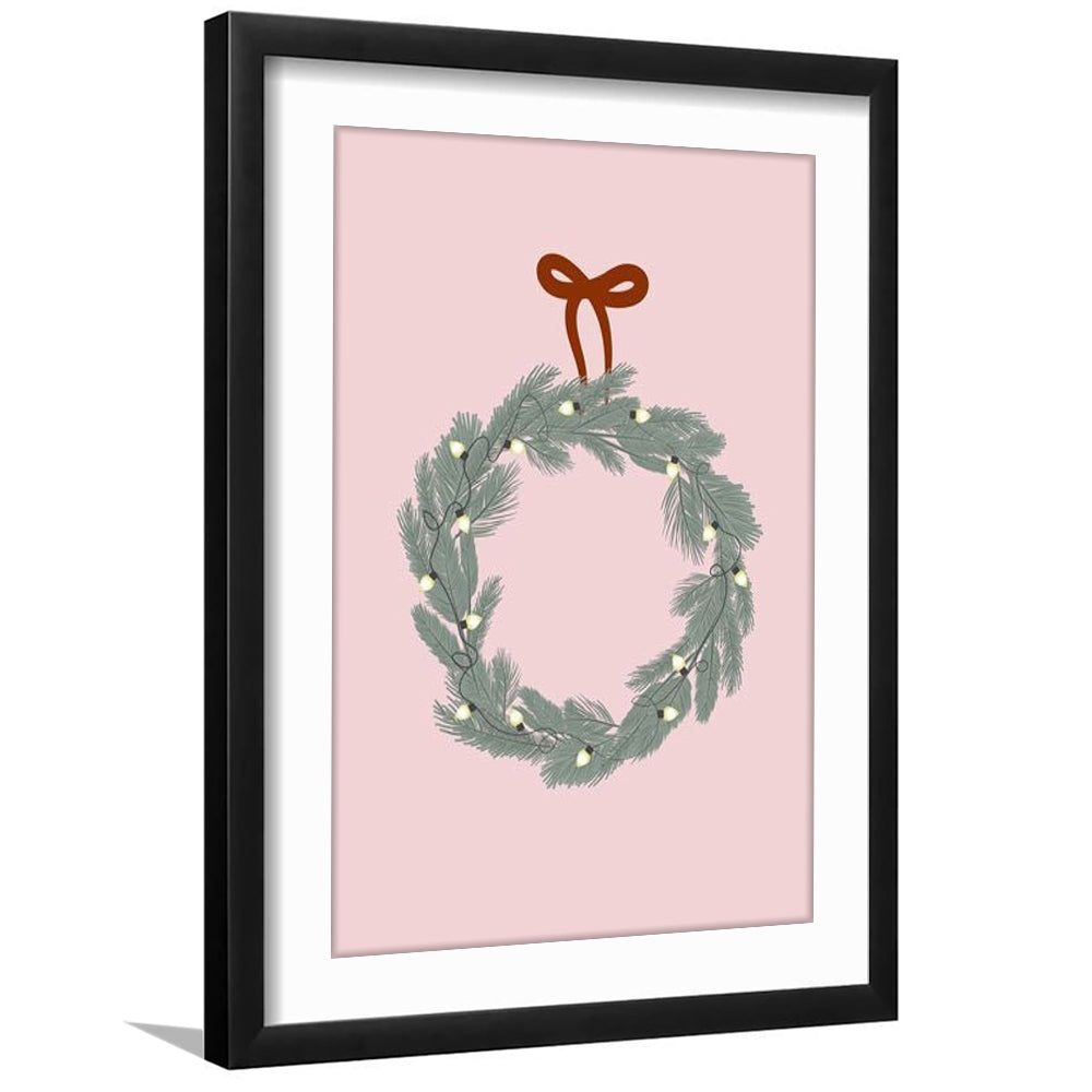 Pink Christmas Print Wreath Art Holiday Holiday Wall, Framed Art Prints White Border Wall Decor