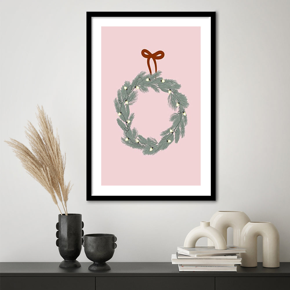 Pink Christmas Print Wreath Art Holiday Holiday Wall, Framed Art Prints White Border Wall Decor