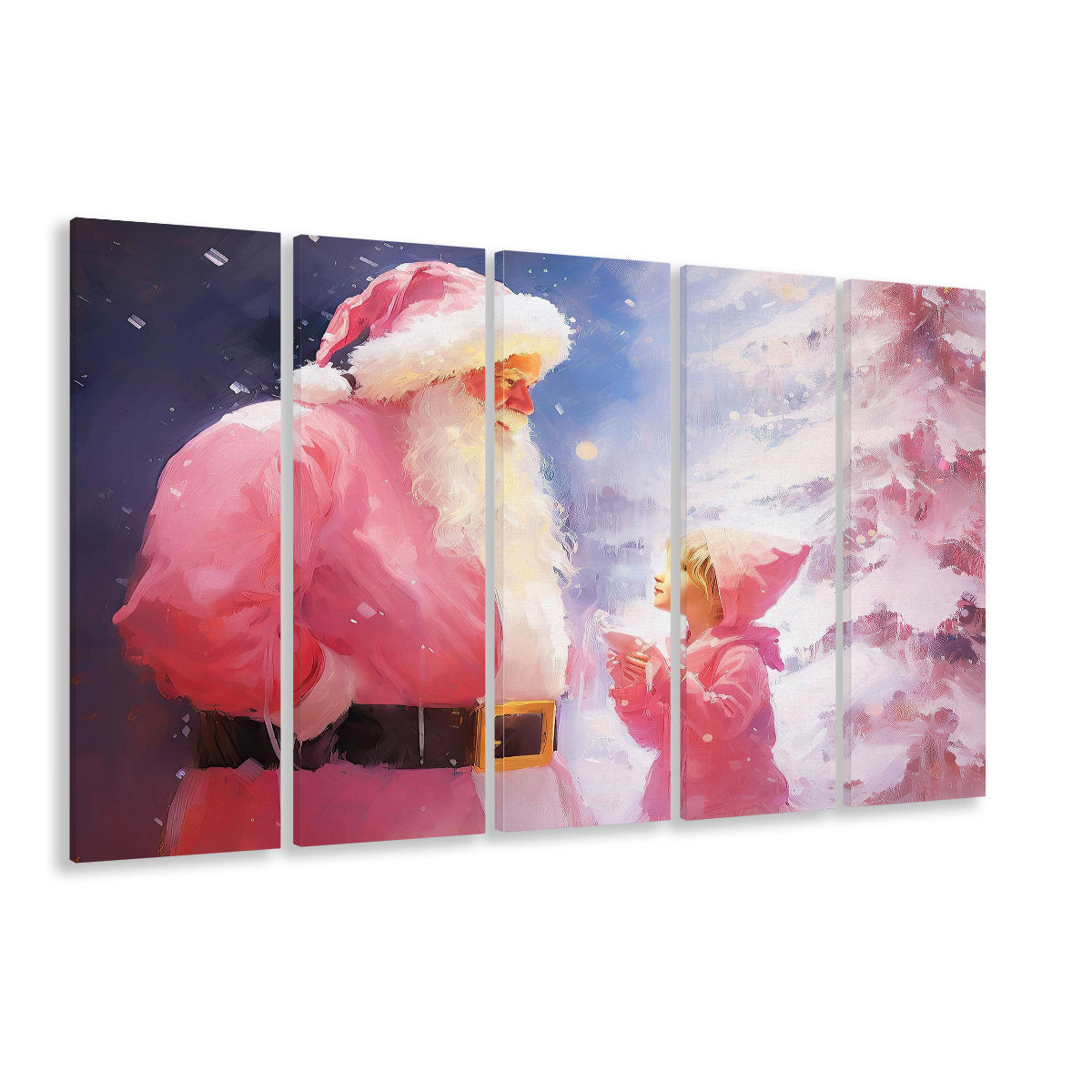 Pink Christmas Santa Claus Art Print Painting Christmas Holiday Decor, 5 Panel B Canvas Print Wall Art, Extra Large Canvas