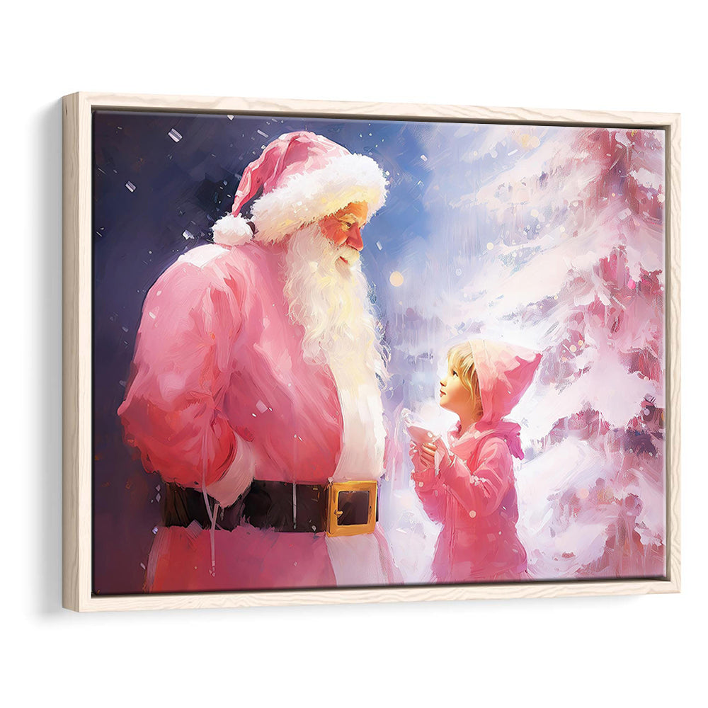 Pink Christmas Santa Claus Art Print Painting Christmas Holiday Decor, Framed Canvas Print Wall Art, Floating Frame
