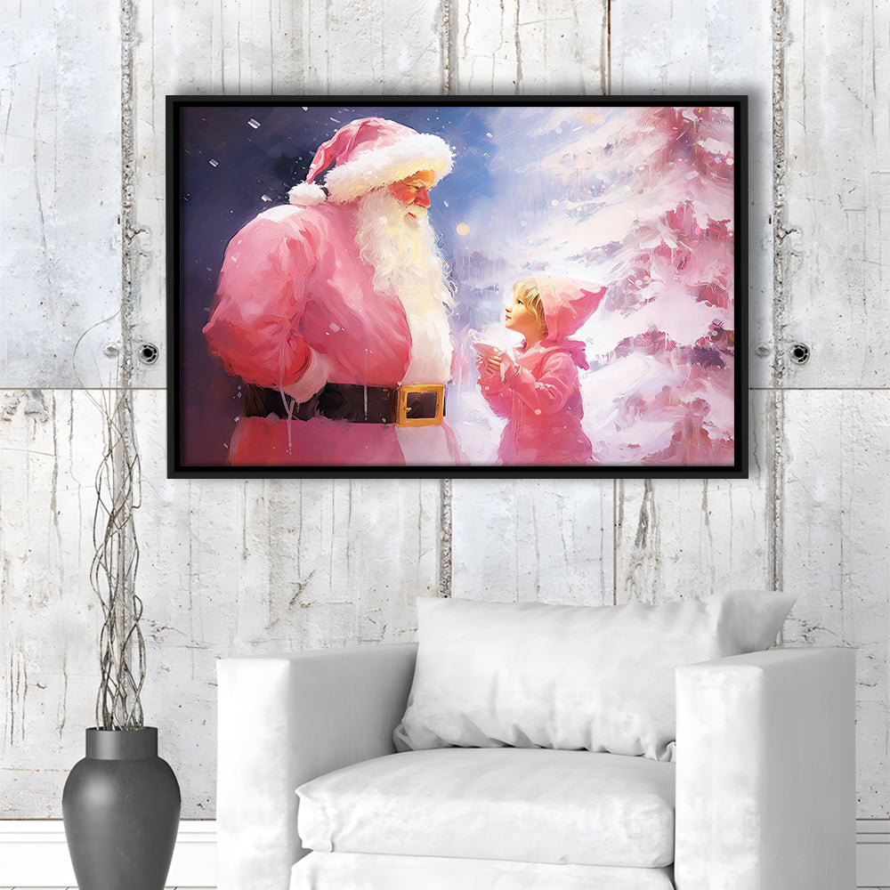 Pink Christmas Santa Claus Art Print Painting Christmas Holiday Decor, Framed Canvas Print Wall Art, Floating Frame