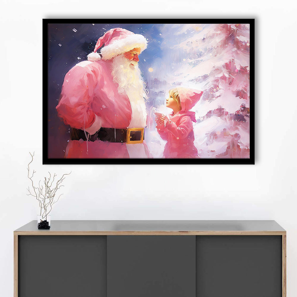 Pink Christmas Santa Claus Art Print Painting Christmas Holiday Decor, Framed Art Print Wall Decor, Picture Framed
