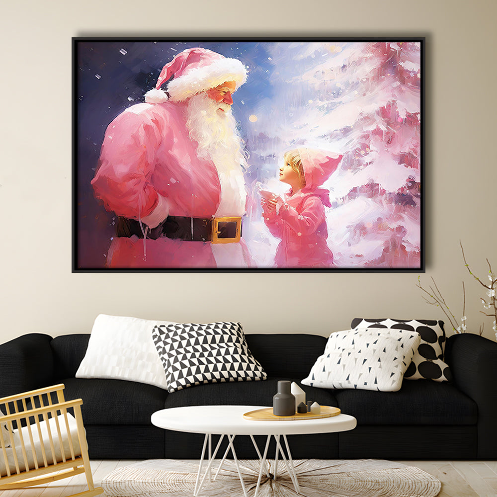Pink Christmas Santa Claus Art Print Painting Christmas Holiday Decor, Framed Canvas Print Wall Art, Floating Frame