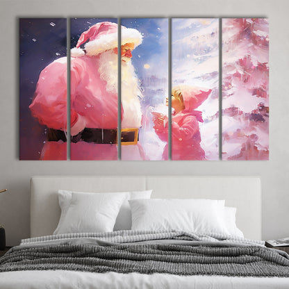Pink Christmas Santa Claus Art Print Painting Christmas Holiday Decor, 5 Panel B Canvas Print Wall Art, Extra Large Canvas