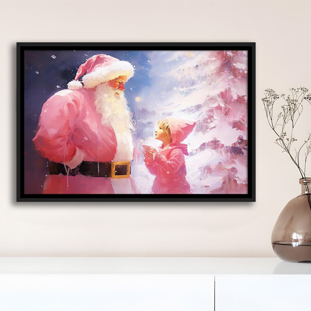 Pink Christmas Santa Claus Art Print Painting Christmas Holiday Decor, Framed Canvas Print Wall Art, Floating Frame