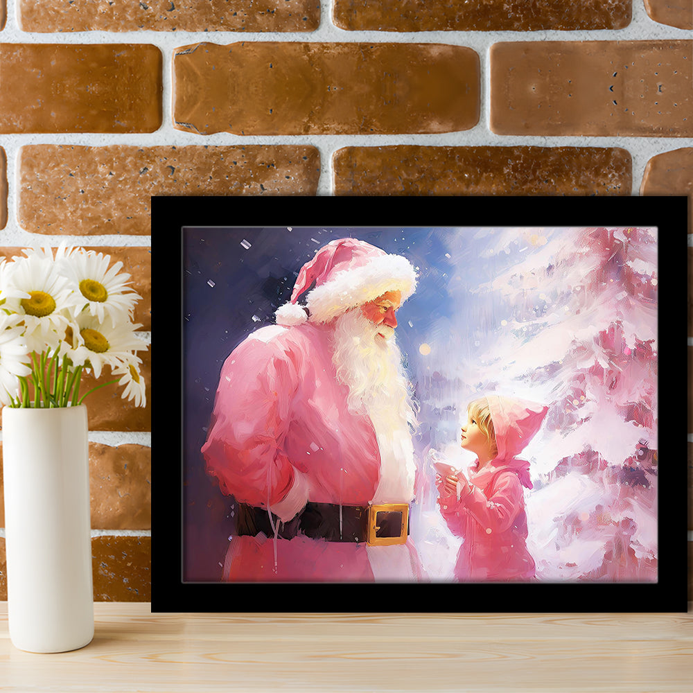 Pink Christmas Santa Claus Art Print Painting Christmas Holiday Decor, Framed Art Print Wall Decor, Picture Framed