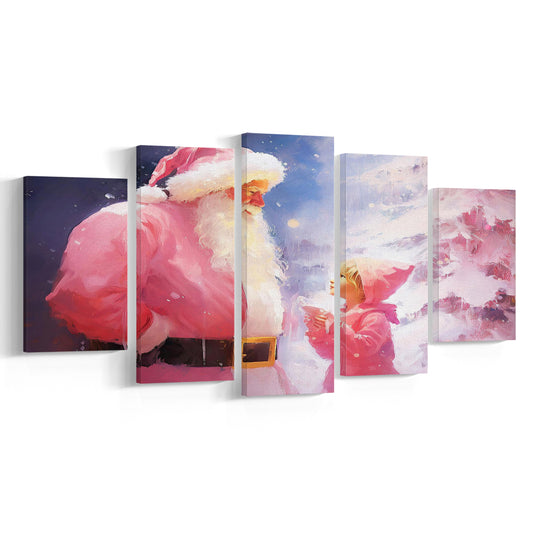 Pink Christmas Santa Claus Art Print Painting Christmas Holiday Decor, 5 Panel Mixed Canvas Print Wall Art, Large Canvas