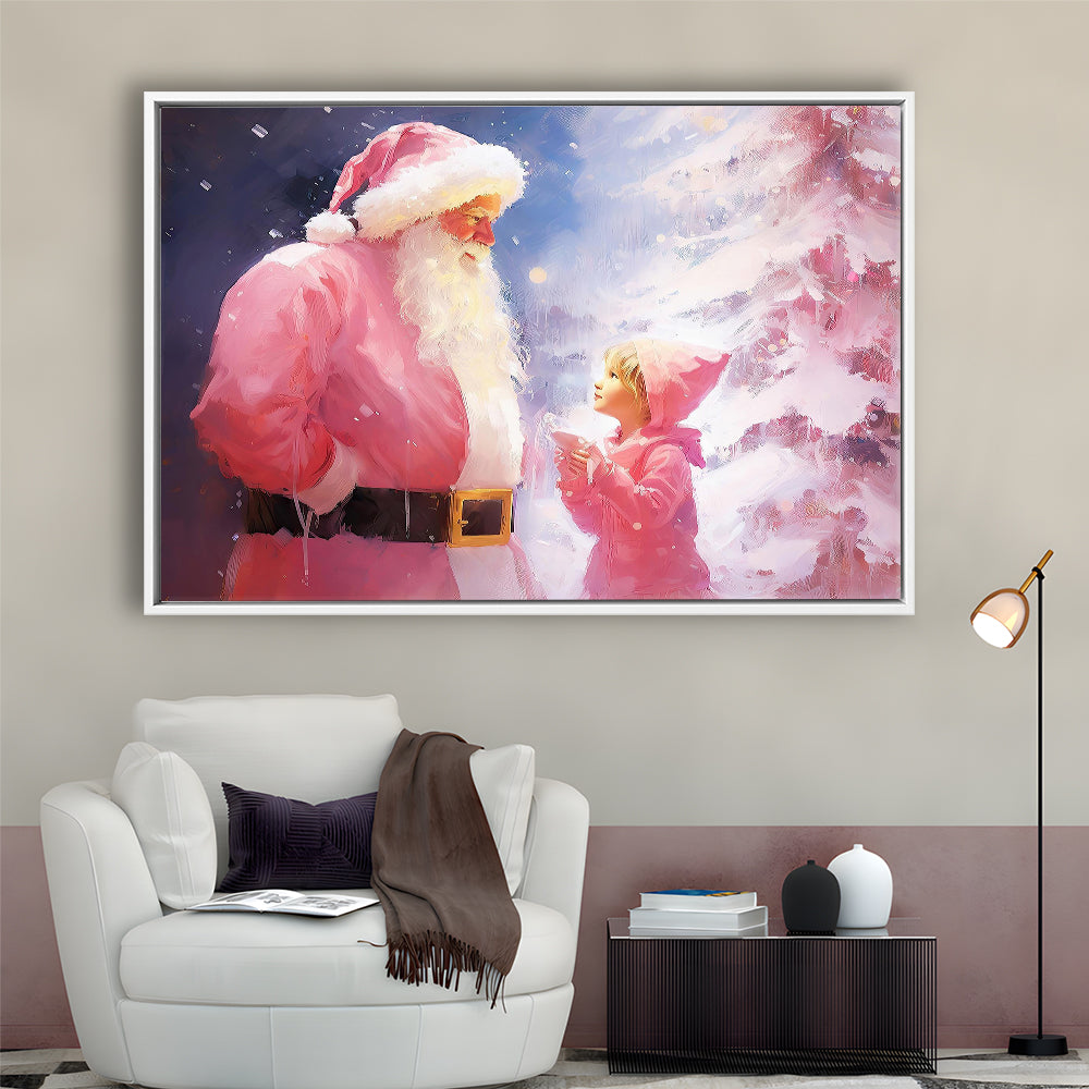 Pink Christmas Santa Claus Art Print Painting Christmas Holiday Decor, Framed Canvas Print Wall Art, Floating Frame
