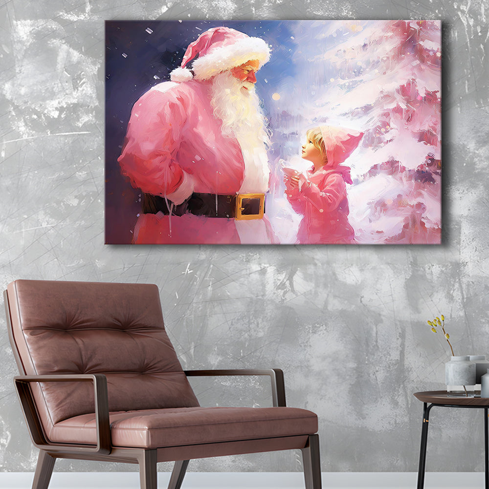 Pink Christmas Santa Claus Art Print Painting Christmas Holiday Decor, Canvas Print Wall Art, Wall Decor, Painting Canvas