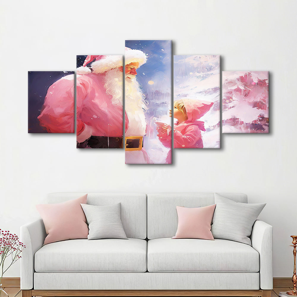 Pink Christmas Santa Claus Art Print Painting Christmas Holiday Decor, 5 Panel Mixed Canvas Print Wall Art, Large Canvas