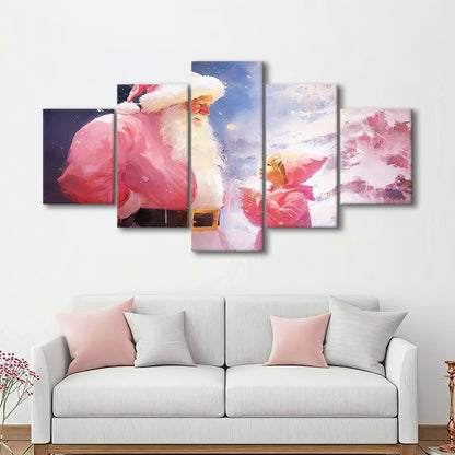 Pink Christmas Santa Claus Art Print Painting Christmas Holiday Decor, 5 Panel Mixed Canvas Print Wall Art, Large Canvas