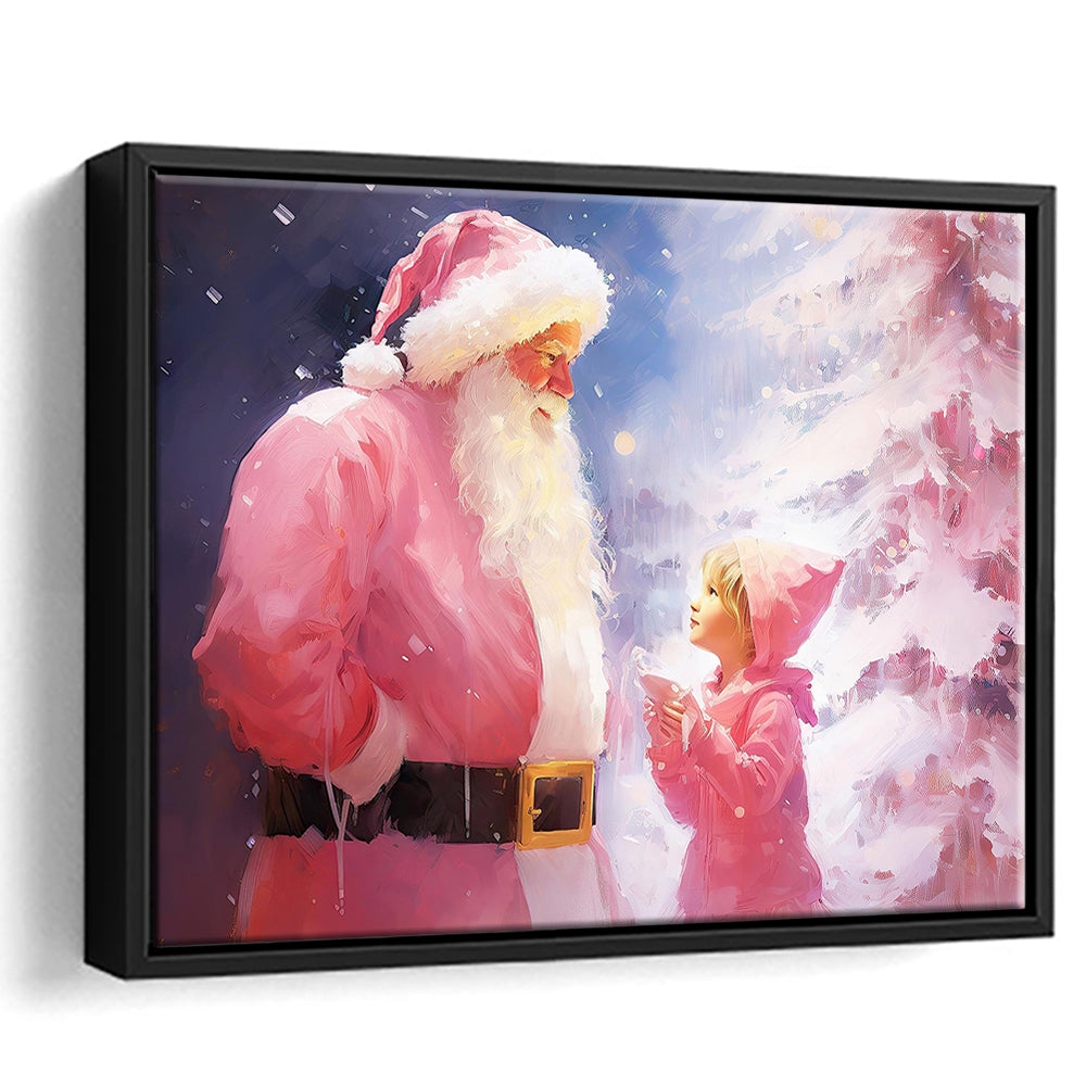 Pink Christmas Santa Claus Art Print Painting Christmas Holiday Decor, Framed Canvas Print Wall Art, Floating Frame