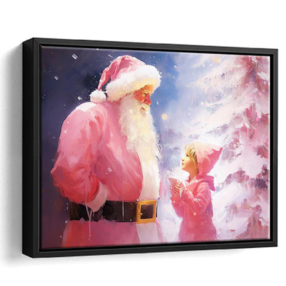 Pink Christmas Santa Claus Art Print Painting Christmas Holiday Decor, Framed Canvas Print Wall Art, Floating Frame