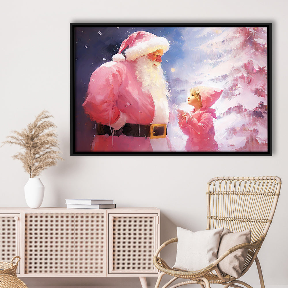 Pink Christmas Santa Claus Art Print Painting Christmas Holiday Decor, Framed Canvas Print Wall Art, Floating Frame