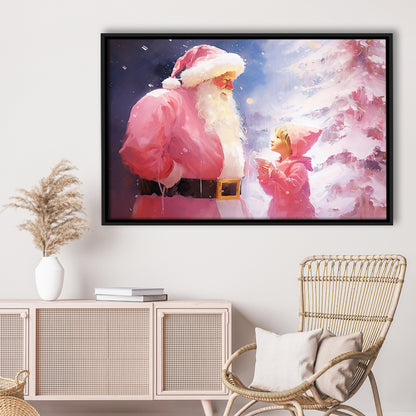 Pink Christmas Santa Claus Art Print Painting Christmas Holiday Decor, Framed Canvas Print Wall Art, Floating Frame