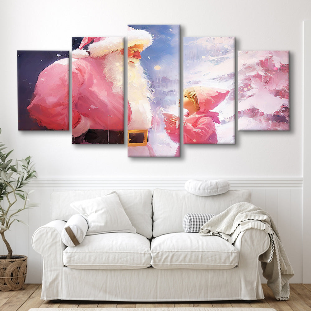 Pink Christmas Santa Claus Art Print Painting Christmas Holiday Decor, 5 Panel Mixed Canvas Print Wall Art, Large Canvas