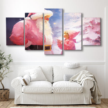 Pink Christmas Santa Claus Art Print Painting Christmas Holiday Decor, 5 Panel Mixed Canvas Print Wall Art, Large Canvas