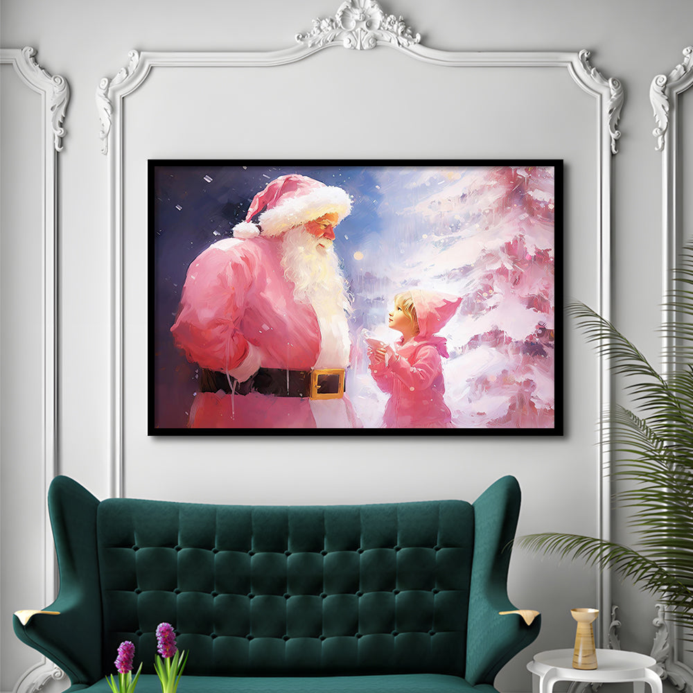 Pink Christmas Santa Claus Art Print Painting Christmas Holiday Decor, Framed Art Print Wall Decor, Picture Framed