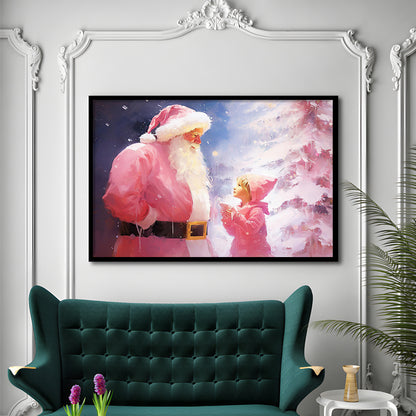 Pink Christmas Santa Claus Art Print Painting Christmas Holiday Decor, Framed Art Print Wall Decor, Picture Framed