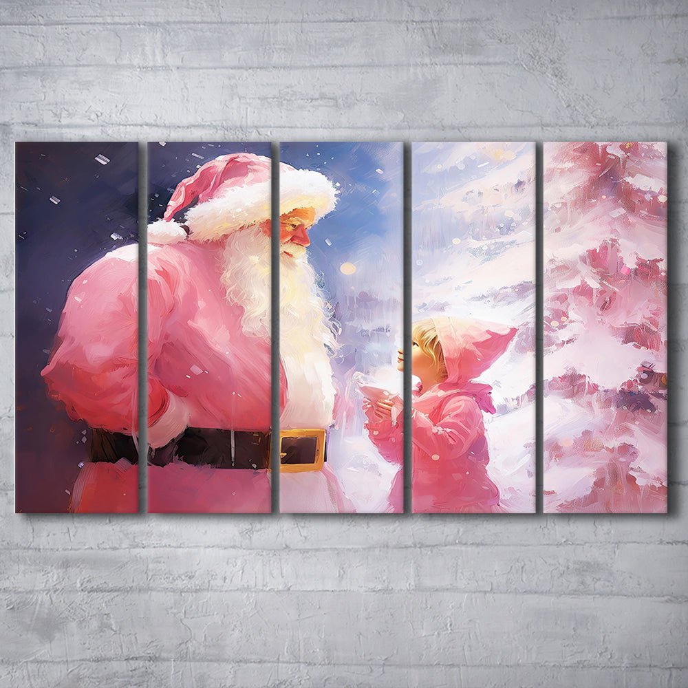 Pink Christmas Santa Claus Art Print Painting Christmas Holiday Decor, 5 Panel B Canvas Print Wall Art, Extra Large Canvas