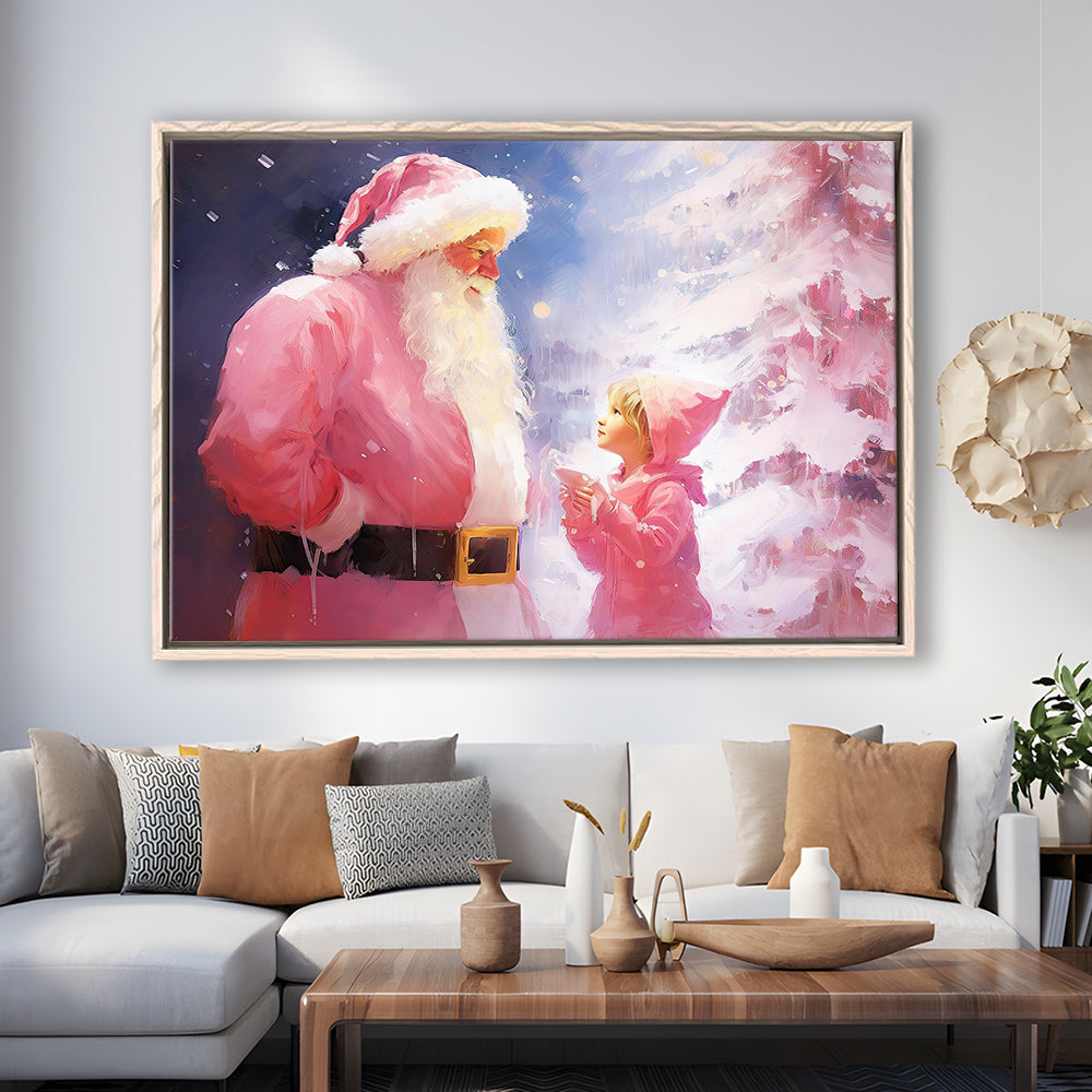 Pink Christmas Santa Claus Art Print Painting Christmas Holiday Decor, Framed Canvas Print Wall Art, Floating Frame
