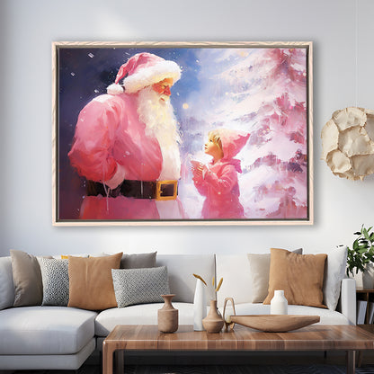 Pink Christmas Santa Claus Art Print Painting Christmas Holiday Decor, Framed Canvas Print Wall Art, Floating Frame