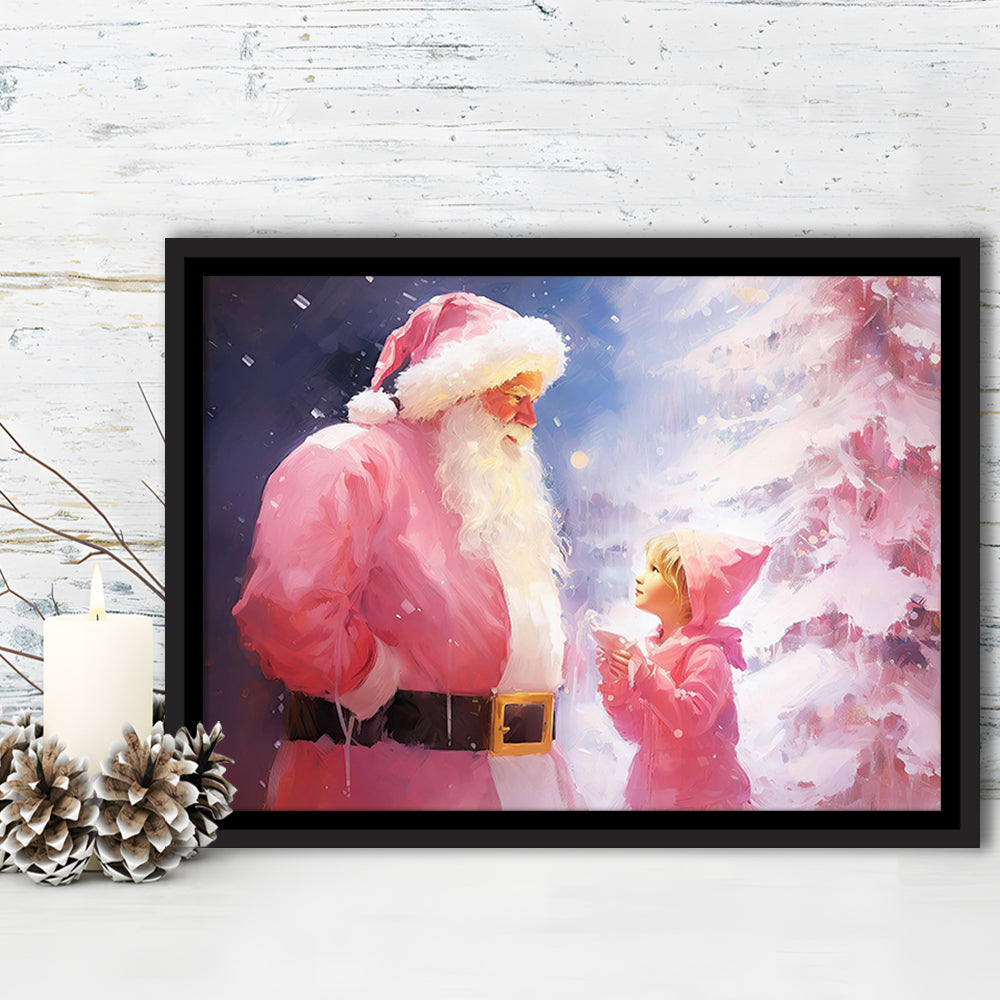 Pink Christmas Santa Claus Art Print Painting Christmas Holiday Decor, Framed Canvas Print Wall Art, Floating Frame