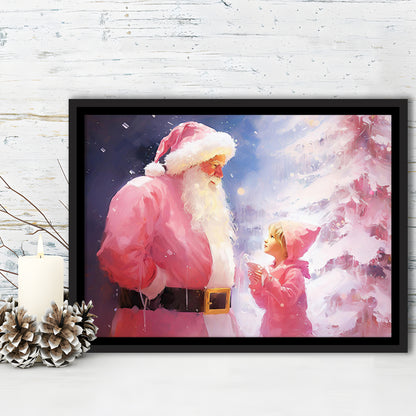Pink Christmas Santa Claus Art Print Painting Christmas Holiday Decor, Framed Canvas Print Wall Art, Floating Frame