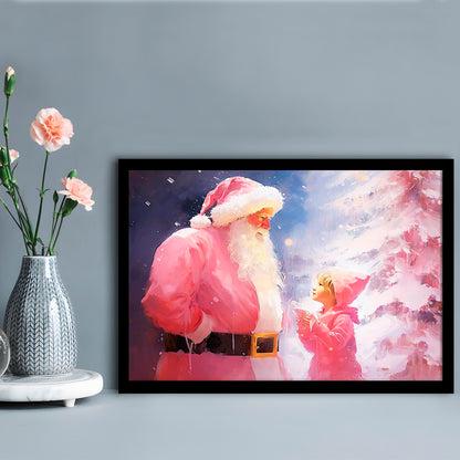 Pink Christmas Santa Claus Art Print Painting Christmas Holiday Decor, Framed Art Print Wall Decor, Picture Framed