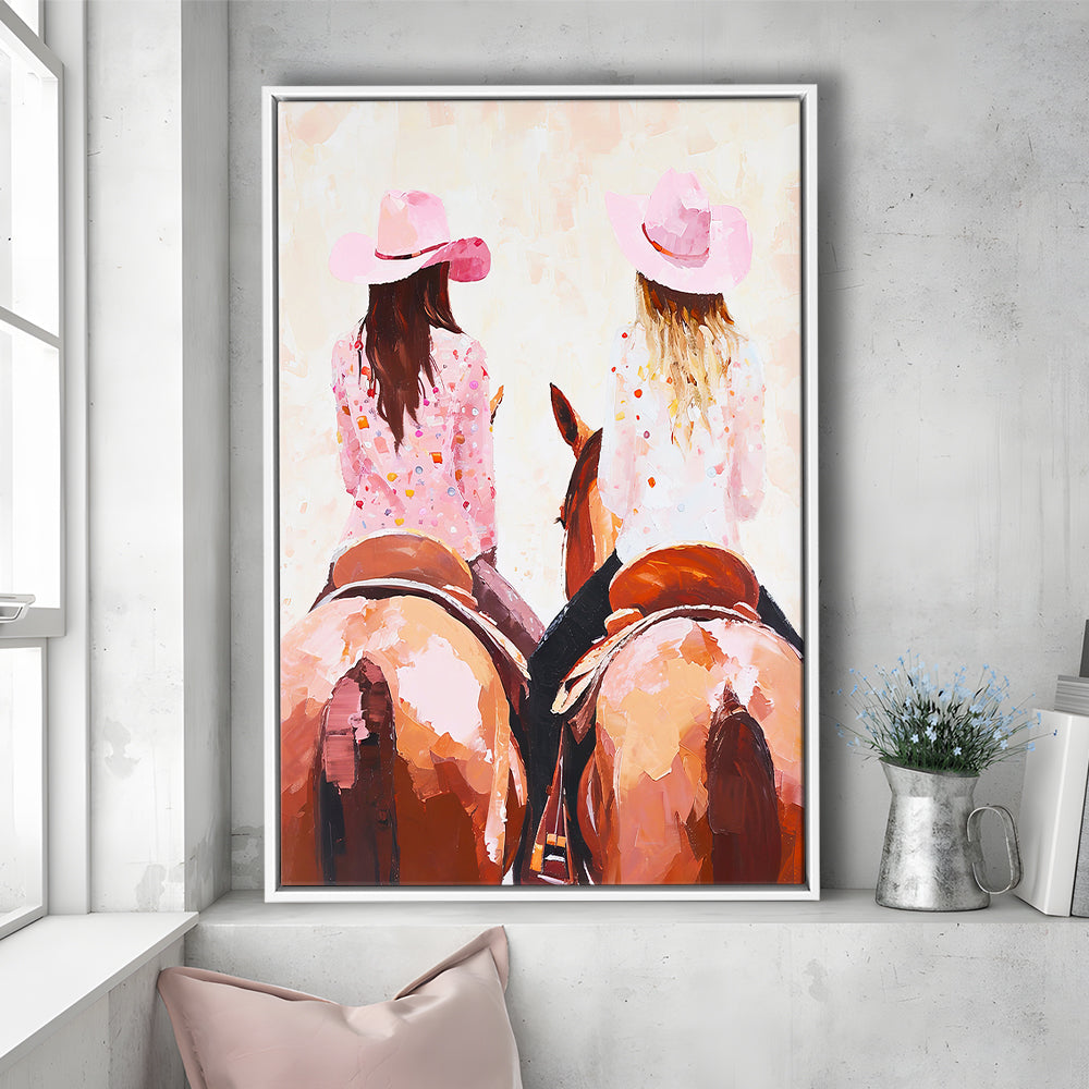 Pink Cowgirl Art Print Western Decor Cowgirl Aesthetic Dorm Room, Framed Canvas Print Wall Art, Floating Frame