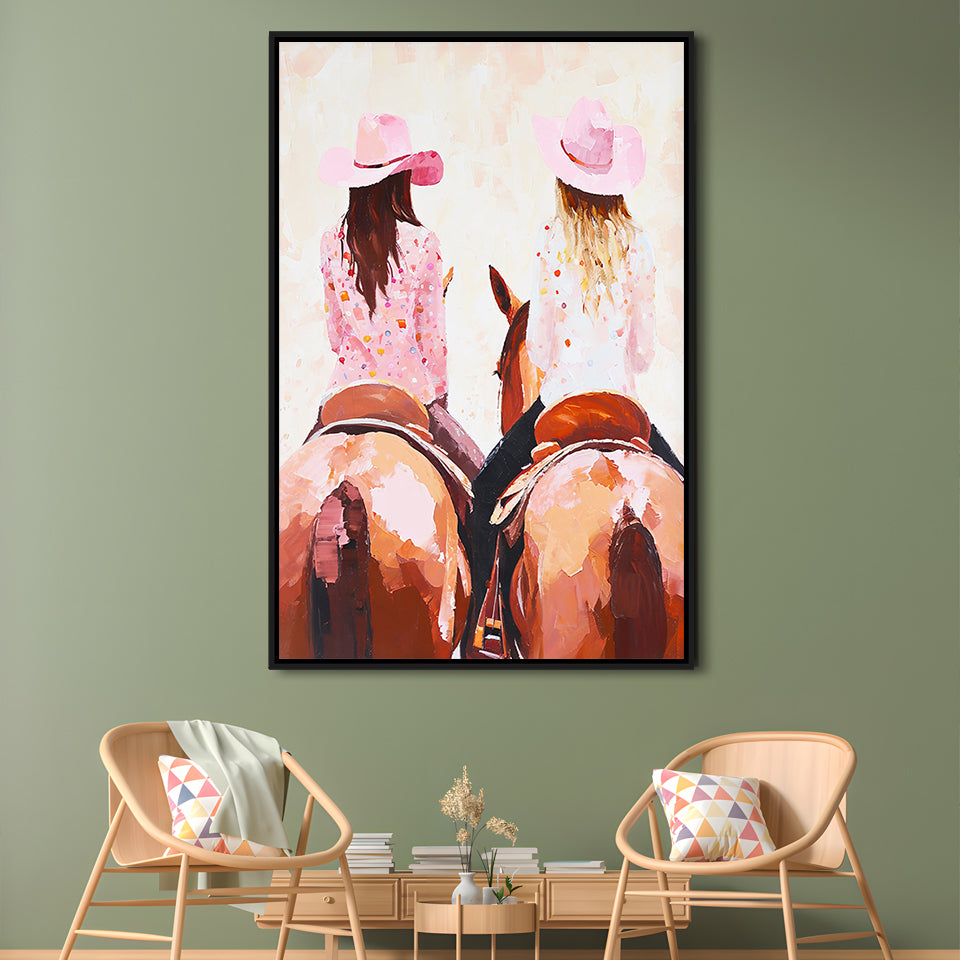 Pink Cowgirl Art Print Western Decor Cowgirl Aesthetic Dorm Room, Framed Canvas Print Wall Art, Floating Frame